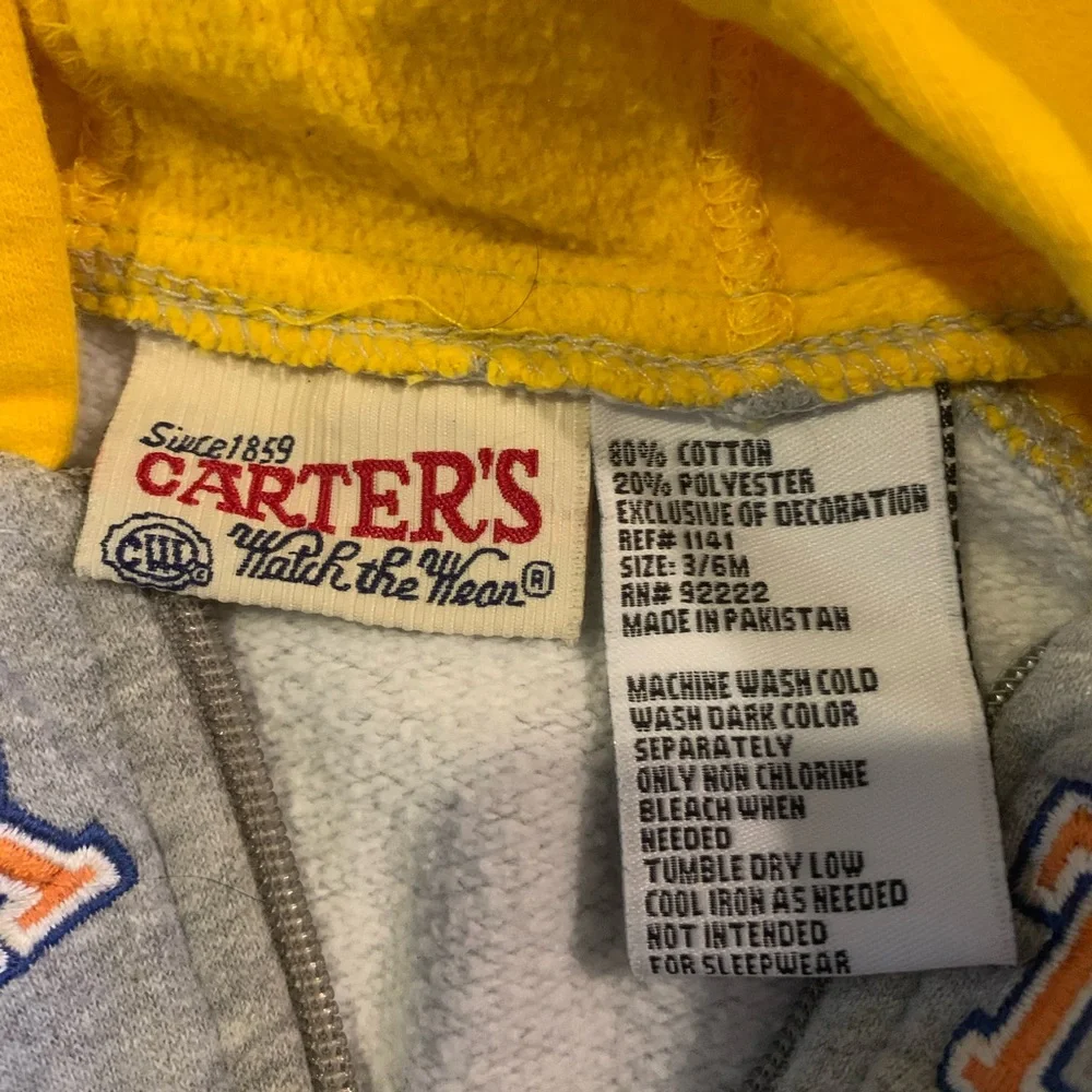 Vintage Carters Gray Yellow Hoodie Zip Up Athletic ‎ 6-12 Mo Watch The Wear Tag